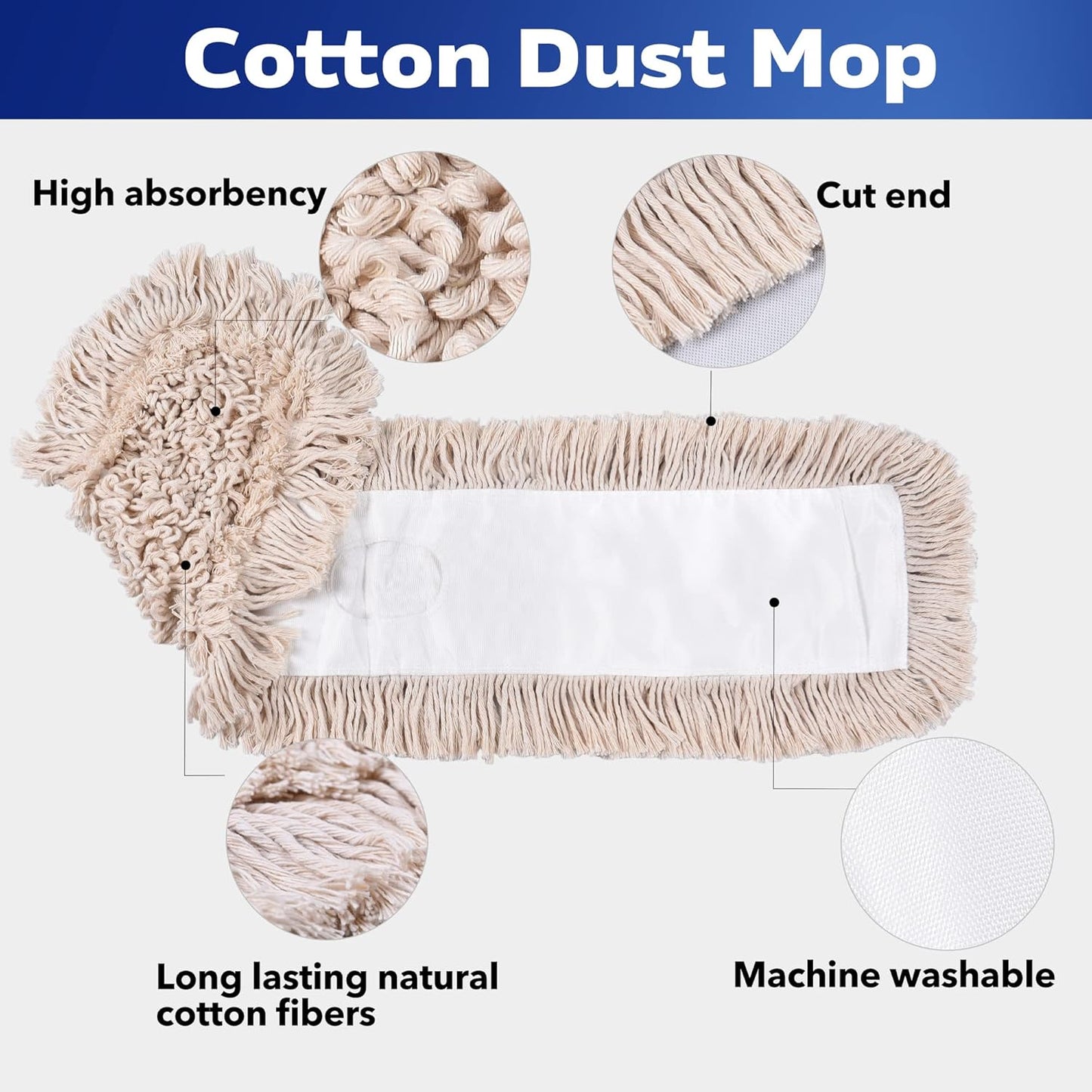 Matthew Cleaning 24'' Industrial Strength Cotton Dust Mop Refill Washable Replacement Heads for Residential & Commercial Use Fit Standard Dust Mop Frames, Hardwood, Laminate, Concrete Floors 3 Pack