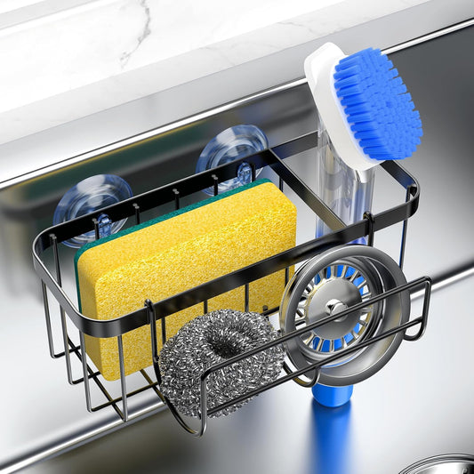 3-in-1 Kitchen Sink Caddy Organizer with Sponge Holder, Brush Holder, Extra Rack for Scrubber, Sink Stopper, Dish Cloth Hanger - Strong Dual Suction Cup, 2.0mm SUS304 Stainless Steel - Grey