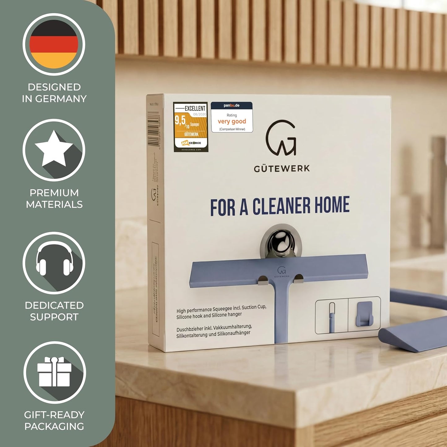 GÜTEWERK Silicone Shower Squeegee for Glass Doors & Mirrors with Stainless Steel Core, Streak-Free & No-Squeak Window Cleaning, 3-in-1 No-Drill Mount (Hook/Suction/Adhesive), Black, 9''