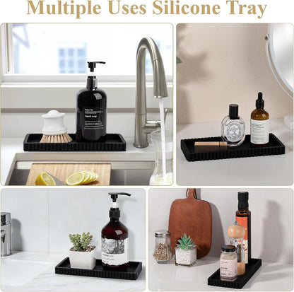Silicone Bathroom Tray Small Vanity Organizer Rectangle Sink Caddy Sponge Holder Kitchen Counter Decor for Dish Soap, Perfume, Candle, Beige