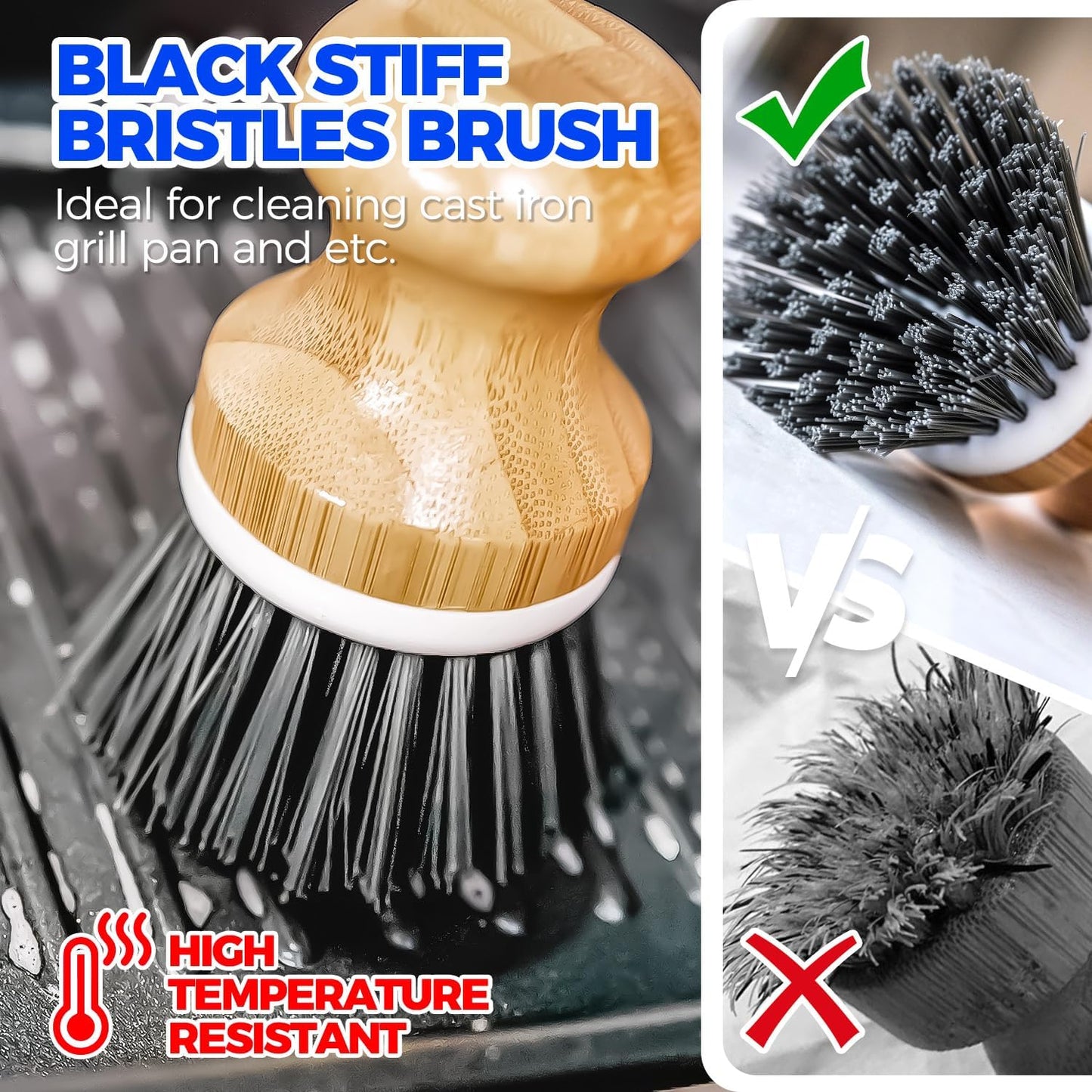Holikme 3 Pack Dish Brush Set with Bamboo Handle, Kitchen Brushes for Cleaning Pot, Sink and Stove, Skillet Scrubber with Tough Bristles for Cast Iron Grill Pan, Yellow White Black