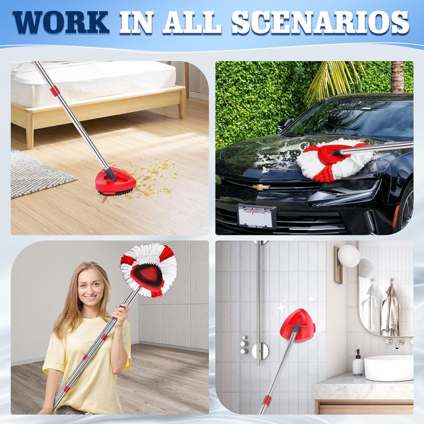 4 Packs Spin Mop Replacement Heads Compatible with Ocedar RinseClean 2-Tank System, 30-58" Mop Handle,Mop Scrub Brush and Base Combo Set,Mopping Refills Easy to Replace and Cleaning