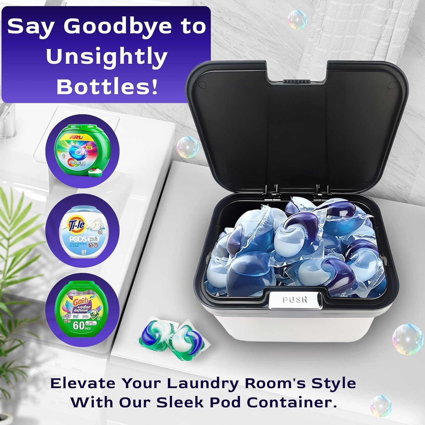 Skywin TidyFriend Laundry Pods Container with Lift Up Lid, 12.4" x 6.5" x 8.7", Airtight Storage Keeps Pods Fresh, Laundry Detergent Container & Dishwasher Pod Holder (Grey)