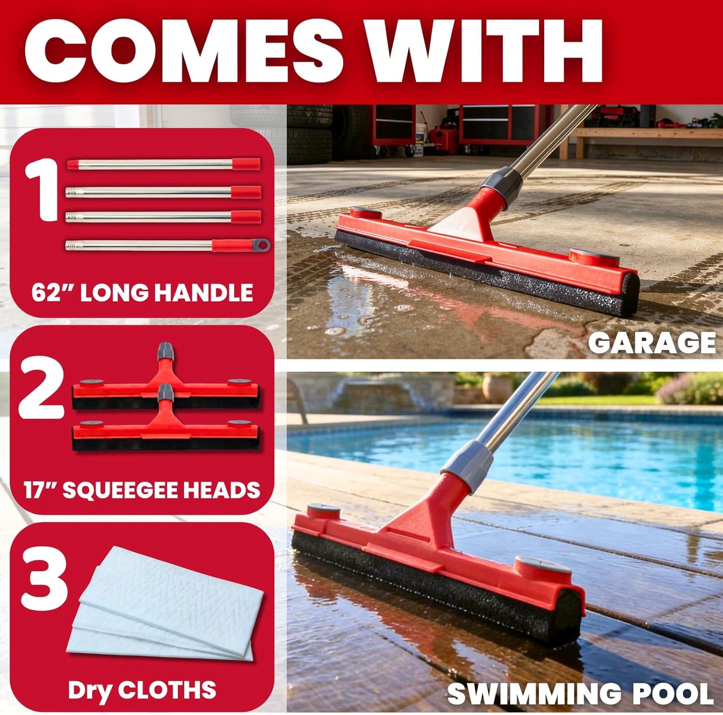 Floor Squeegee with 2 Replaceable Heads – 17'' EVA Foam Blade for Uneven Surfaces, 62'' Long Handle, Built-in Towel Clip, Non-Scratch Heavy Duty Squeegee Broom for Garage, Window, Tile, Patio & Shower
