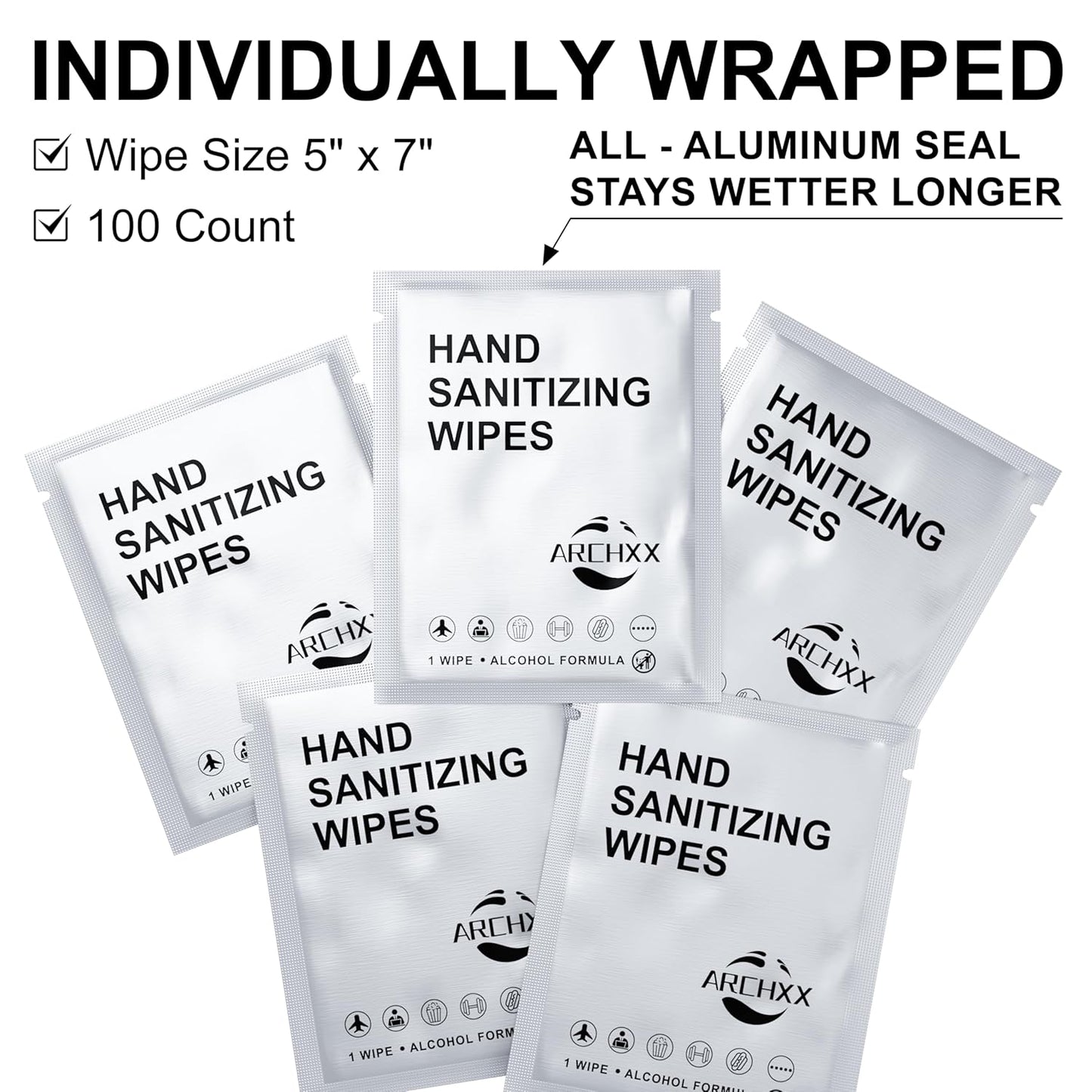 ARCHXX Cotton-Like Softness Hand Sanitizer Wipes, 100 Count, Antibacterial Hand Wipes Individually Wrapped, 70% Alcohol, Travel Size, Sanitizing for Home, Office & Outdoor, Aloe Vera Scent