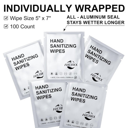 ARCHXX Cotton-Like Softness Hand Sanitizer Wipes, 100 Count, Antibacterial Hand Wipes Individually Wrapped, 70% Alcohol, Travel Size, Sanitizing for Home, Office & Outdoor, Aloe Vera Scent