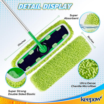 KEEPOW Reusable XL Mop Pads Compatible with Swiffer XL Sweeper, X-Large Dry Sweeping Cloths, Wet Mopping Cloths, Washable Microfiber XL Wet Pads Refills for Surface/Hardwood Floor Cleaning, 4 Pack