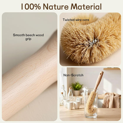 Bottle Brush Cleaner,Long Beech Wood Handle Non-Scratch,L-Shape for Cleaning Coffee Cups,Mason,Thermos,Glass Bottle,Beer Bottles,Wine Bottles,Baby Bottle-Natural Brown