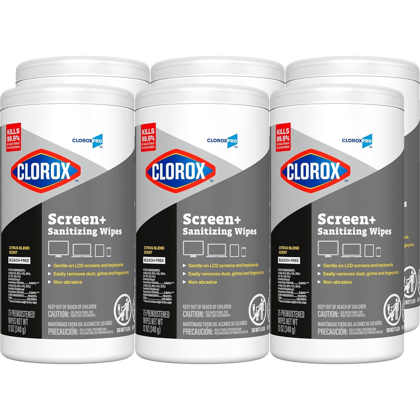 CloroxPro Clorox Screen+ Sanitizing Wipes, Bleach Free Cleaning Wipes, Citrus Blend Scent, 75 Count