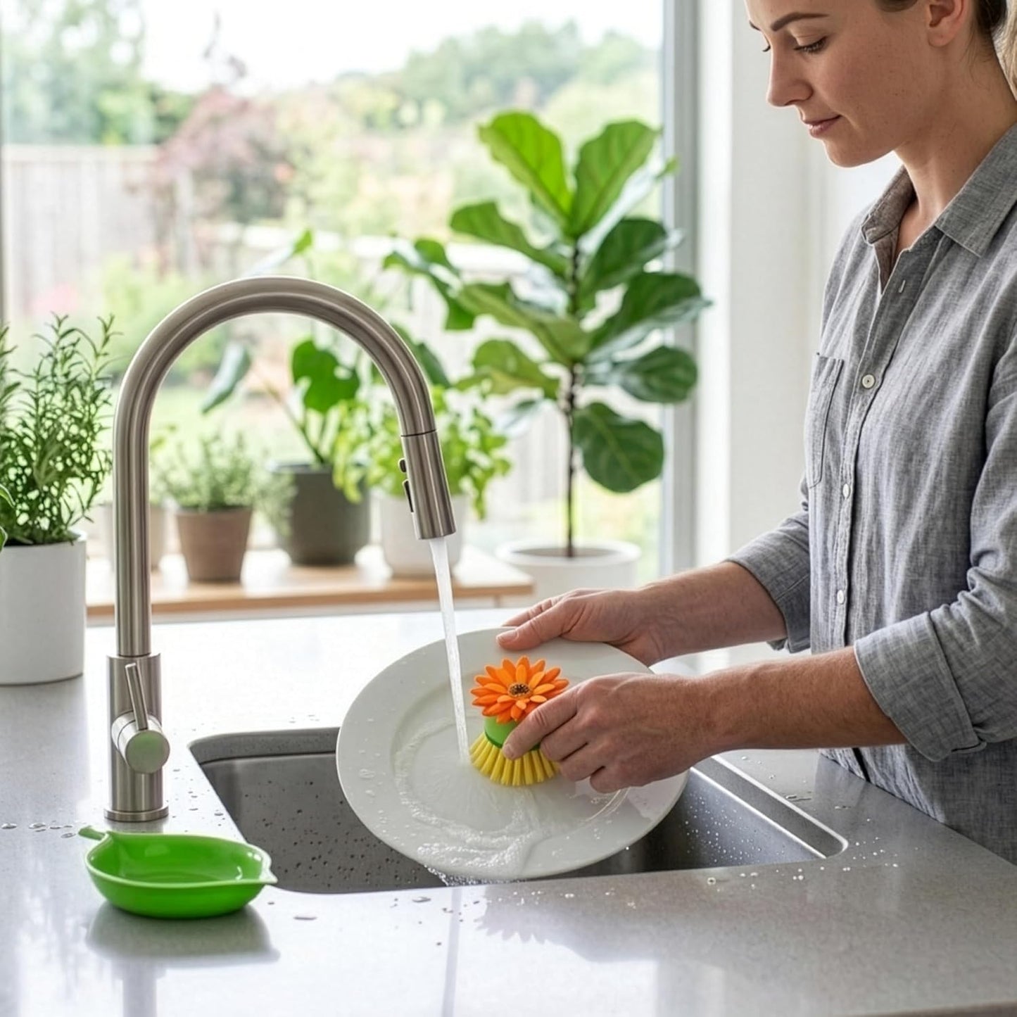 Vigar Flower Palm Dish Scrub Brush with Holder, Perfect Kitchen Brushes for Dishes, Sink Brush and Cleaning Brushes for Household Use, Pink, Green