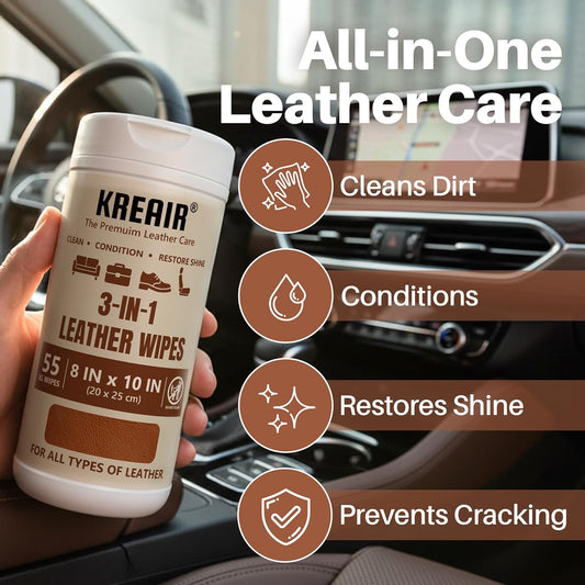 3in1 Leather Wipes 55 Count, Clean, Condition & Restore Shine, XL 8"x10" Extra-Large Wipes for Car Seats, Shoes, Furniture & Bags, For All Types of Leather, Non-Linting, Easy-Pull Lid