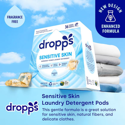 Dropps Sensitive Skin Laundry Detergent Pods, Unscented (36 Ct) - Hypoallergenic & Dermatologist Tested | Free & Clear | Laundry Pods for Sensitive Skin | Clean Ingredients | Plastic Free Packaging