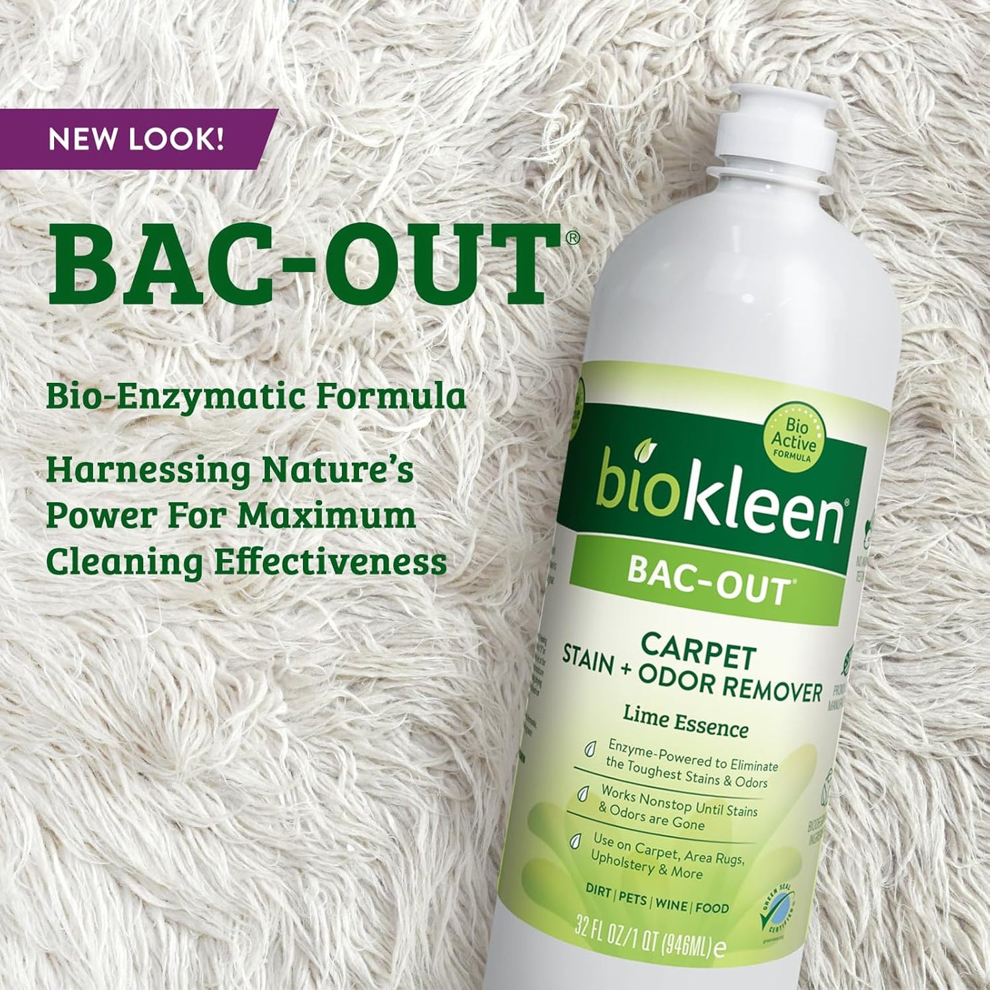 Biokleen Bac-Out Enzyme Cleaner Spray and Stain & Odor Remover for Pet Stains, Laundry, Diapers, Wine, Carpets, & More, Eco-Friendly, Non-Toxic, Lime Scent, 32 Ounces