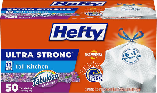 Hefty Ultra Strong 13 Gallon Trash Bags, Tall Kitchen Trash Bags 13 Gallon Size, Drawstring Closure, Continuous Odor Control, White, Lavender and Sweet Vanilla Scent, 80 Bags