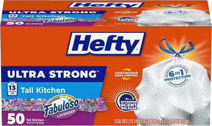 Hefty Ultra Strong 13 Gallon Trash Bags, Tall Kitchen Trash Bags 13 Gallon Size, Drawstring Closure, Continuous Odor Control, White, Lavender and Sweet Vanilla Scent, 110 Bags