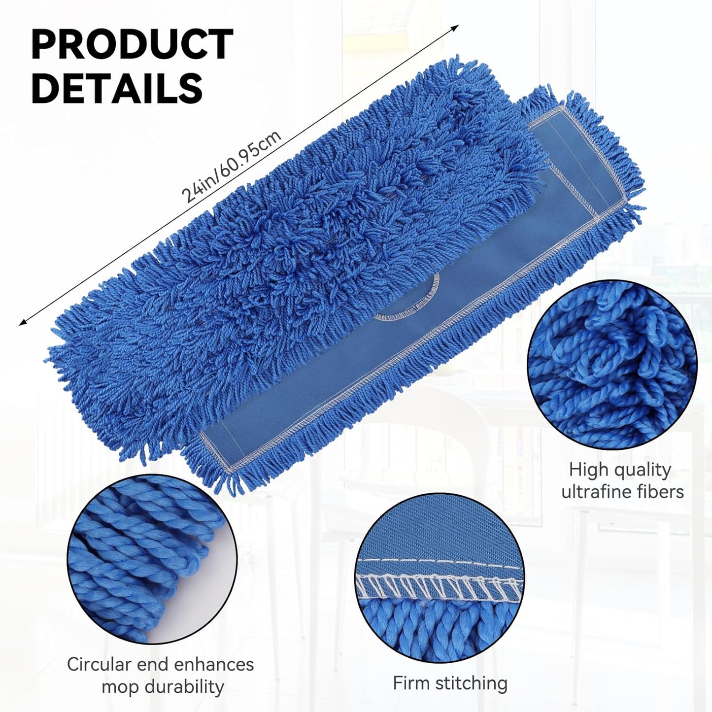 3 Pack 24 Inch Microfiber Dust Mop Head, Medium Washable Commercial Sweeper and Janitorial, Blue