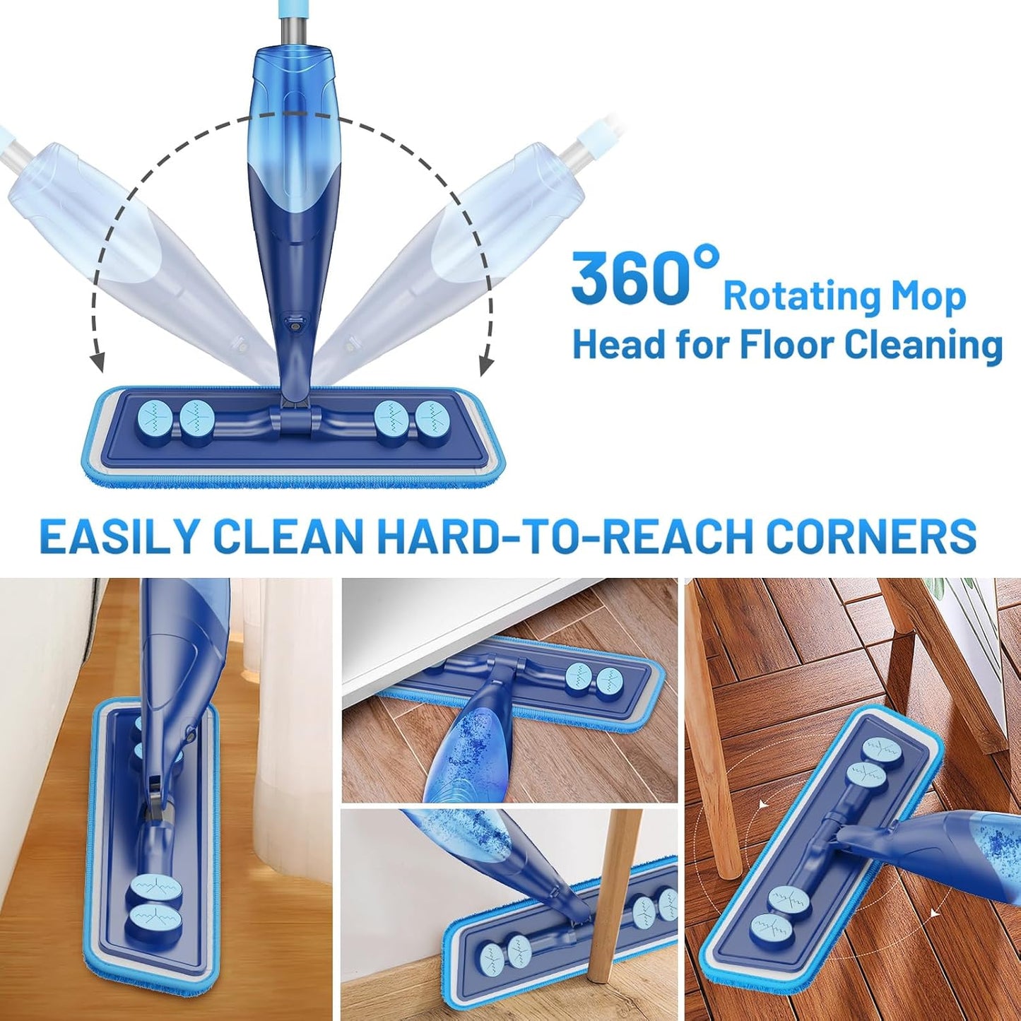 Spray Mops for Floor Cleaning - Wet Dry Mops with 2 Washable + 2 Disposable Pads for Swiffer Powermop - Refillable Bottle for Hardwood Tile Home Kitchen - Absorbs Pet Hair Dust Stains