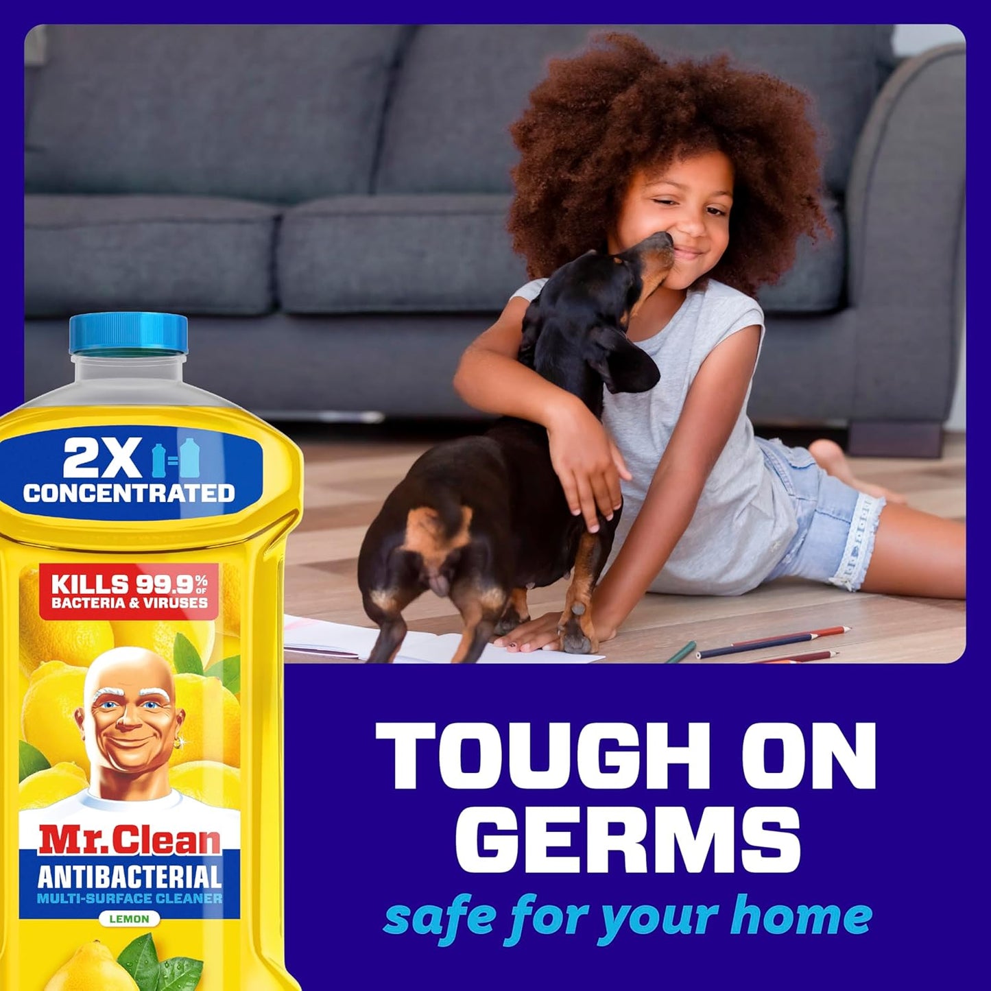 Mr. Clean Antibacterial All Purpose Cleaner, Floor Cleaner for Mopping Home, Bathroom, & Kitchen, Cleaning Liquid for Mop & Bucket, Cleaning Supplies, Multi-Surface Dilutable, Lemon, 99oz