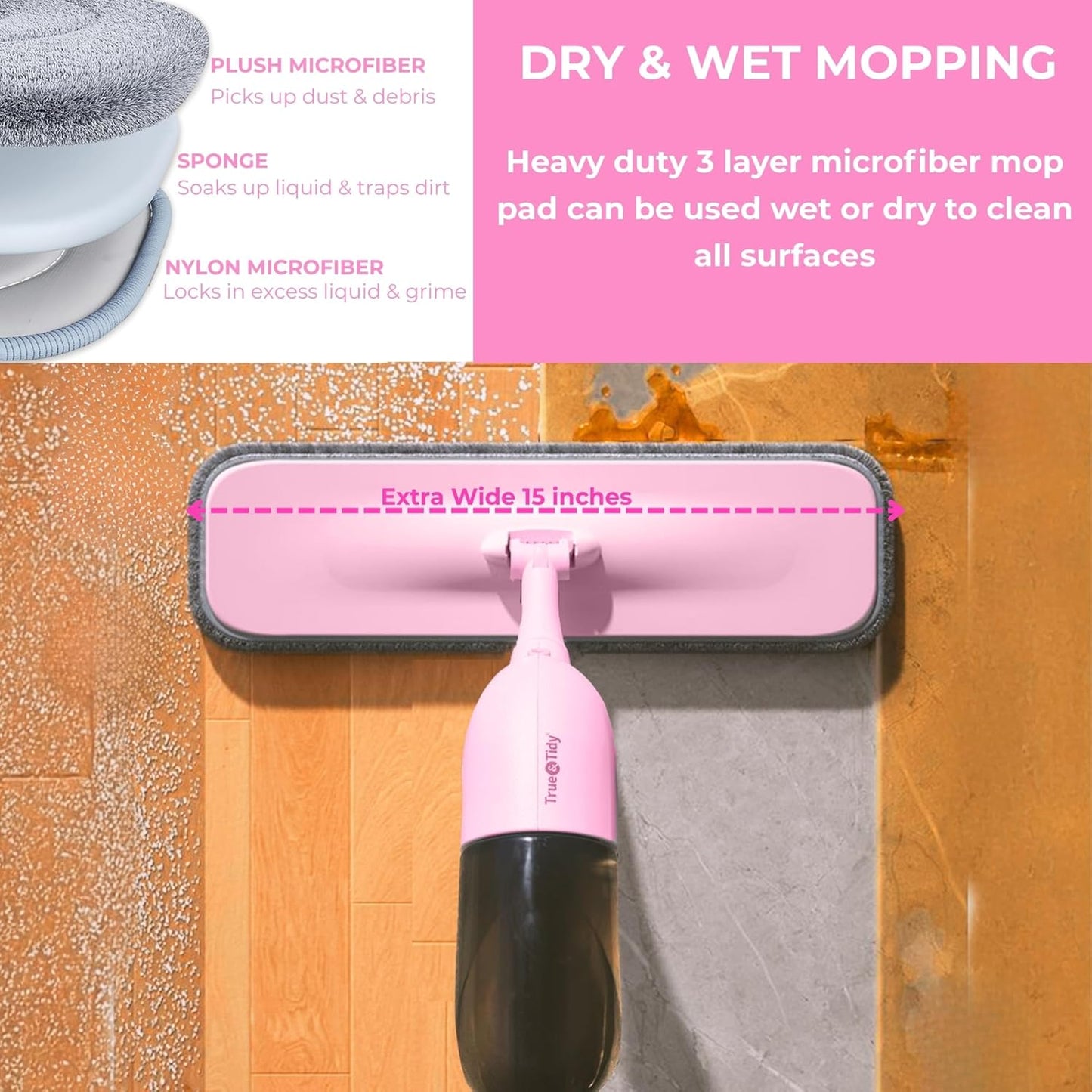 True & Tidy® Clean Everywhere Spray Mop Kit with 3 Interchangeable Heads & Refillable Tank - Flat, Round, Squeegee (Pink)