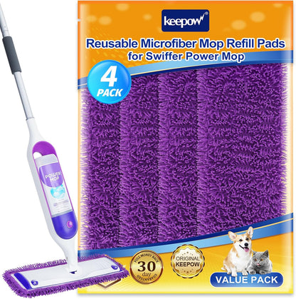 KEEPOW Reusable Microfiber Mop Pads Compatible with Swiffer PowerMop 4 Pack, Power Mop Pads Refills for 13 ''-15 '' Spray Mop, Machine Washable Pad Replacement for Multi-Surface Floor Cleaning