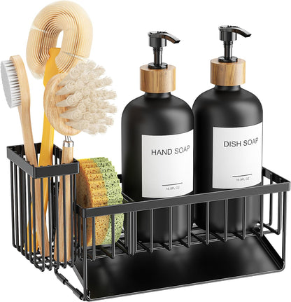 Cisily Kitchen Dish Soap Dispenser Set with 2 Pack 16.9oz Black Glass Bottle and Sponge Holder, Dish Soap Dispensers with Adjustable Sponge Holder, Vintage Hand and Dish Soap Dispensers Set
