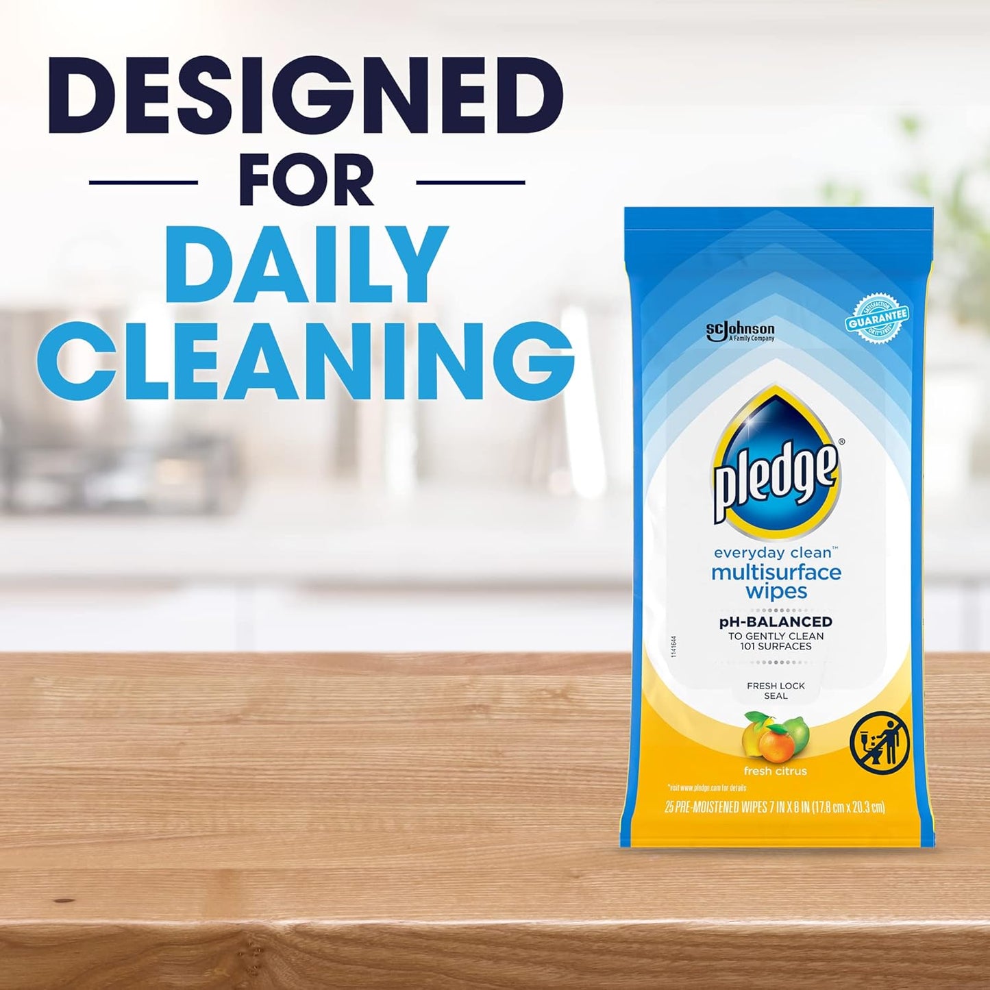 Pledge Multi-Surface Furniture Polish Wipes, Works on Wood, Granite, and Leather, Cleans and Protects, Fresh Citrus - Pack of 6 (150 Total Wipes)