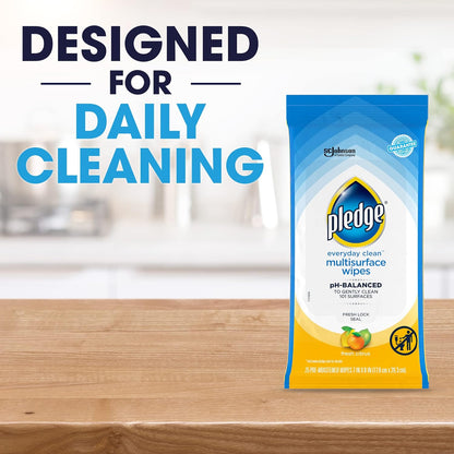 Pledge Multi-Surface Furniture Polish Wipes, Works on Wood, Granite, and Leather, Cleans and Protects, Fresh Citrus - Pack of 6 (150 Total Wipes)