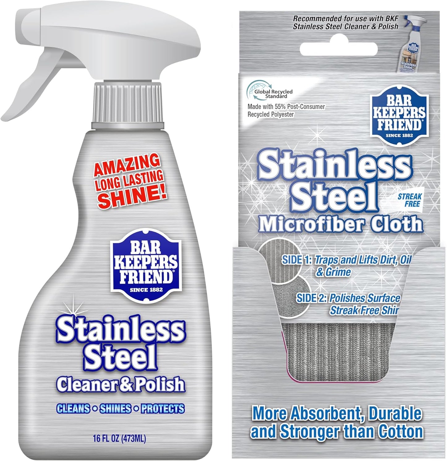 Bar Keepers Friend Stone & Granite Cleaner and Polish (25.4 oz) Plus 1 Microfiber Cloth, 2pc Cleaning Kit, Multi Surface Cleaner for Use on Natural, Manufactured & Polished Stone Countertops
