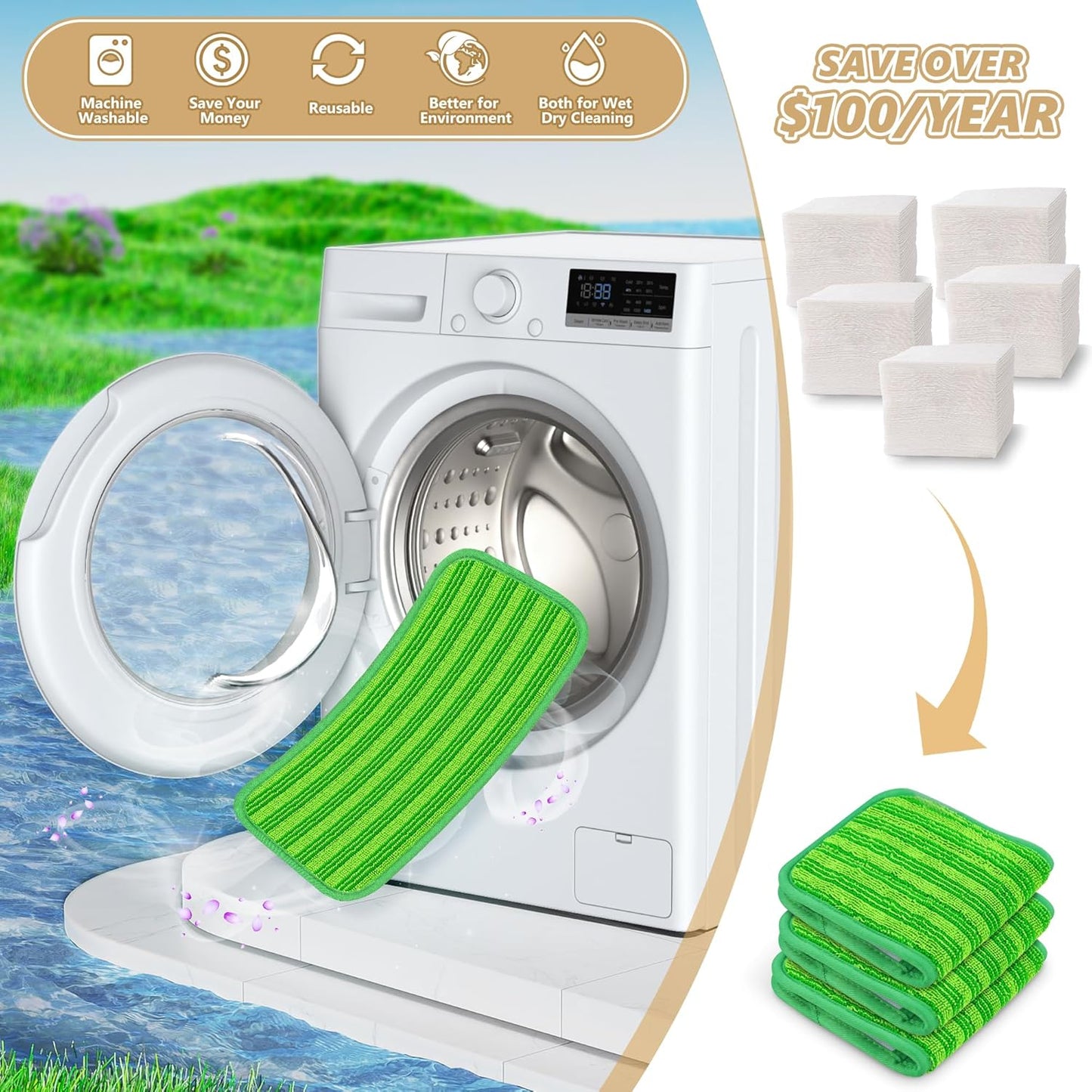 Reusable Mop Pads Compatible with Swiffer Sweeper Mops: Papclean Microfiber Wet Pads Refill Dry Sweeping Cloths Washable Dust Floor Cleaner for Wood Floor Cleaning - 3 Pcs Green