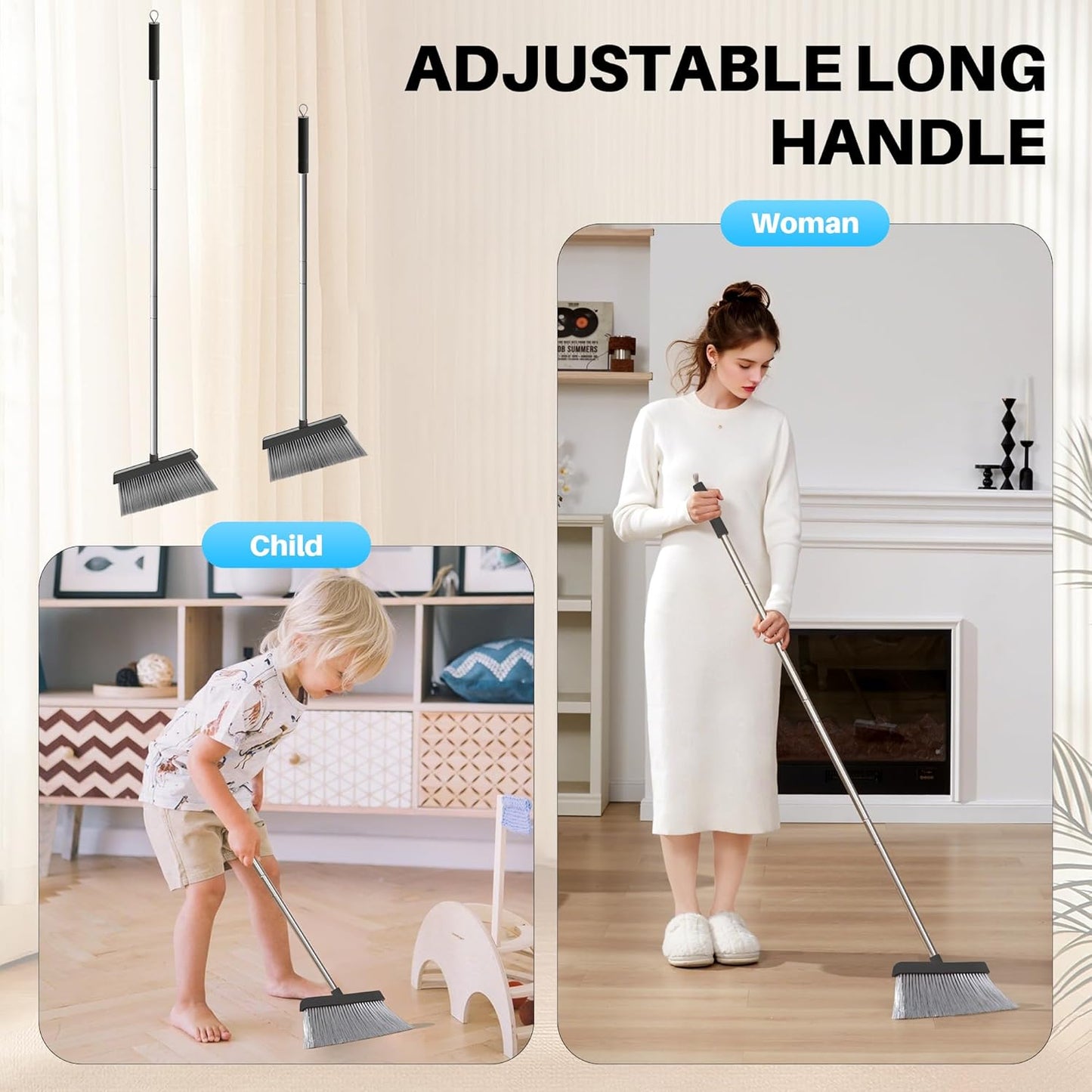 JOYMOOP White Broom and Dustpan Set, Upright Angle Design with Built-in Comb Teeth for Kitchen, Office, Pet Hair, Hard Floors
