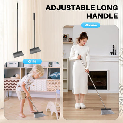 JOYMOOP White Broom and Dustpan Set, Upright Angle Design with Built-in Comb Teeth for Kitchen, Office, Pet Hair, Hard Floors