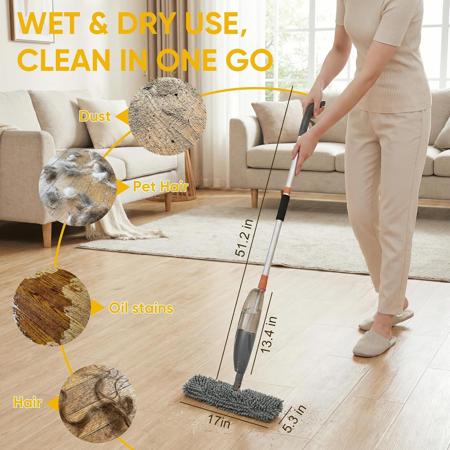 3-in-1 Upgraded Spray Mops for Floor & Window Cleaning with 3pcs Pads - Broom/ Mop/ Window Squeegee, Wet Dry Microfiber Mop with 520ml Bottle for Kitchen Wood Floor Hardwood Ceramic Tile Dust Cleaning
