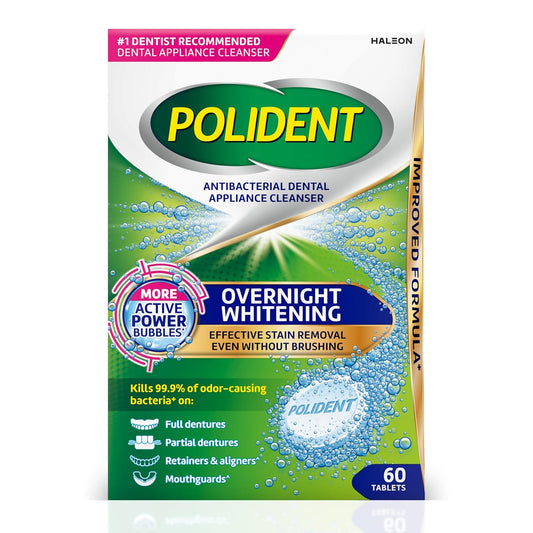 Polident Overnight Whitening Antibacterial Dental Appliance Cleanser Tablets, Mouthguard Cleaning Tablets, 60 Count