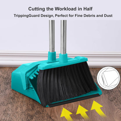 Tiumso Upgrade Broom with Dustpan Combo Set, Broom and Dustpan Set with 51'' Long Handle, Dust Pan and Brooms, ZeroGap Lip, Self-Cleaning Dustpans Teeth for Lobby Kitchen Restaurant - Black and Red