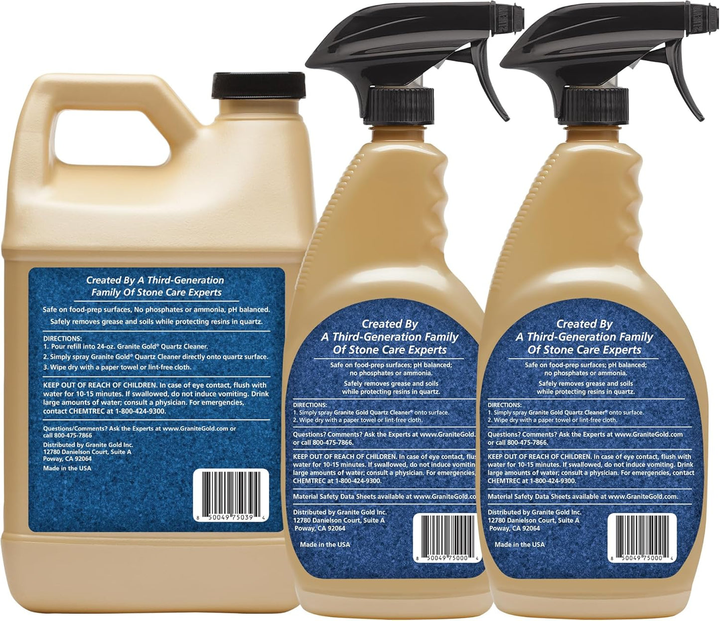 Granite Gold Quartz Cleaner Spray for Caesarstone, Cambria, Silestone and All Other Quartz Countertop Surfaces, 64 Fluid Ounces and 2 x 24 Fluid Ounces