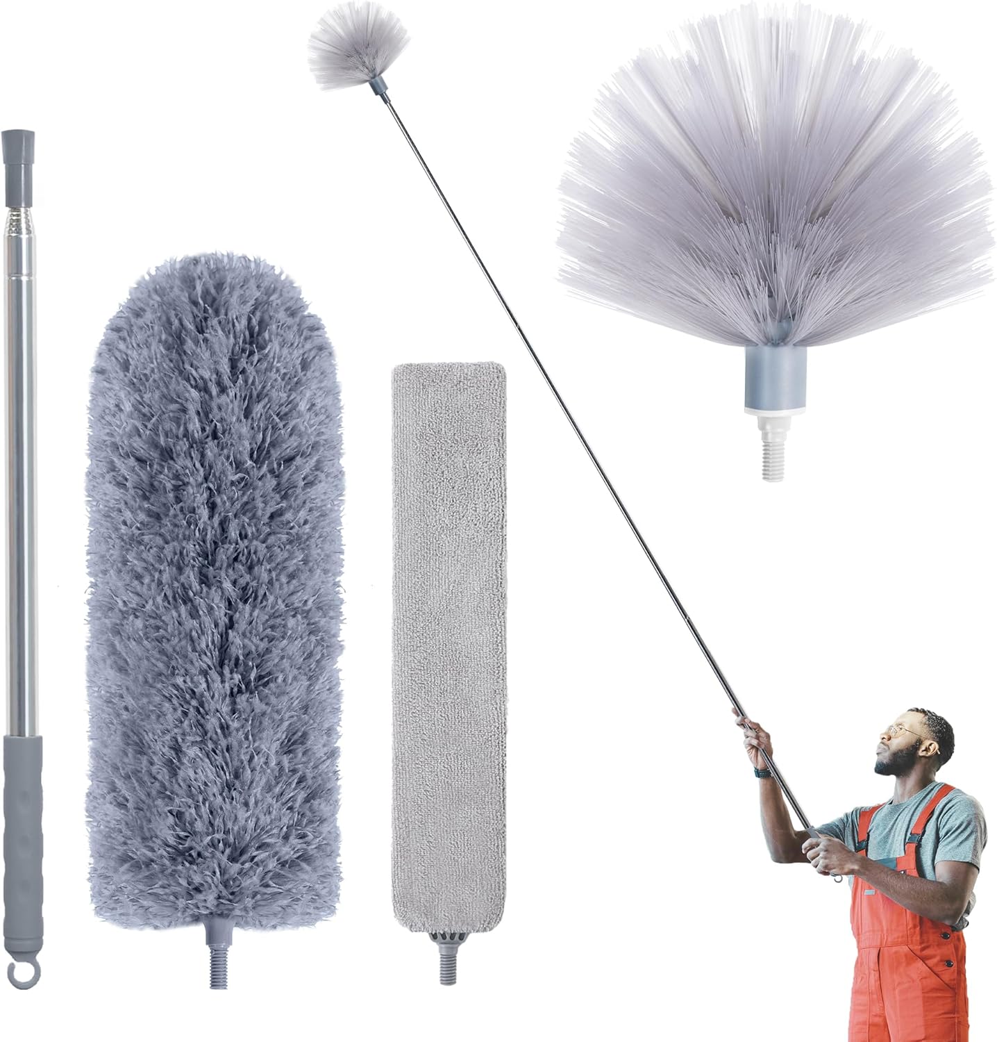 IVYROLL Cobweb Duster with Extension Pole, Spider Web Brush & Ceiling Cleaning Kit, 100" Microfiber Feather Duster Cleaner with Washable Head for Ceiling Fan, Furniture, Home