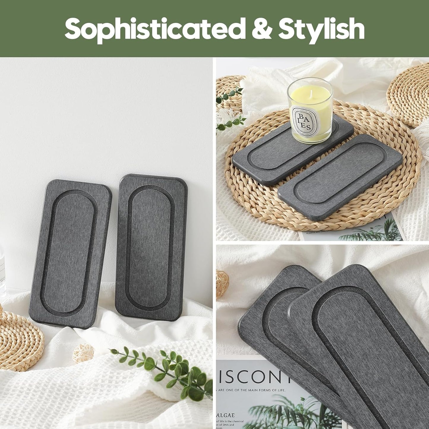 Fast Water Absorption Sink Organizer Tray Set, 3-Pack Compact and Space-Saving Stone Soap Holder Caddy for Kitchen & Bathroom Counter, Faucet Splash Guard, White (1pc of 8"x3.8" + 2pcs of 3.8"x3.8")