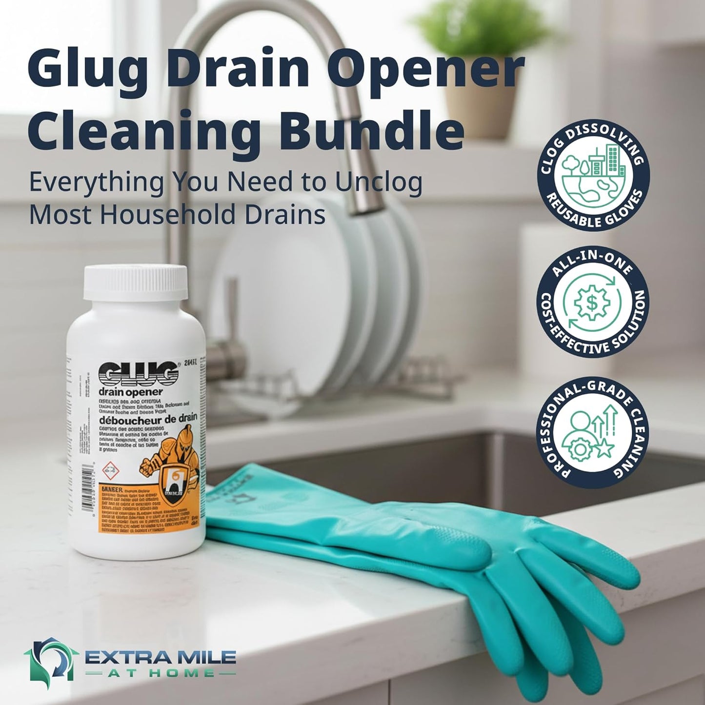Glug Drain Opener Bundle with Glug Crystals Cleaner and Long Protective Gloves - 2 Items - Sink & Shower Drain Clog Remover, Compatible with Most Home Plumbing, Easy DIY Use