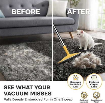 Carpet Rake for Pet Hair Removal – Reusable Cat & Dog Hair Remover Broom with Adjustable 60" Long Handle, Rug Rake Scraper for Carpet, Rugs, Mats, Upholstery & Couch Cleaning