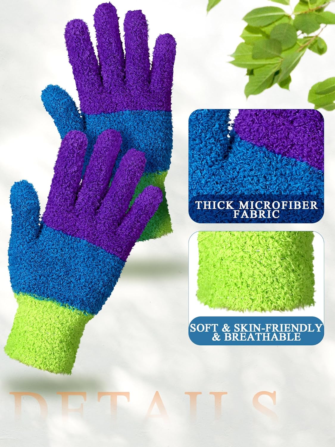 Patelai 3 Pairs Microfiber Plant Dusting Gloves Leaf Cleaning Gloves for Indoor Plants, Blinds, Furniture, House (Green Yellow,Blue,Pink,Medium)