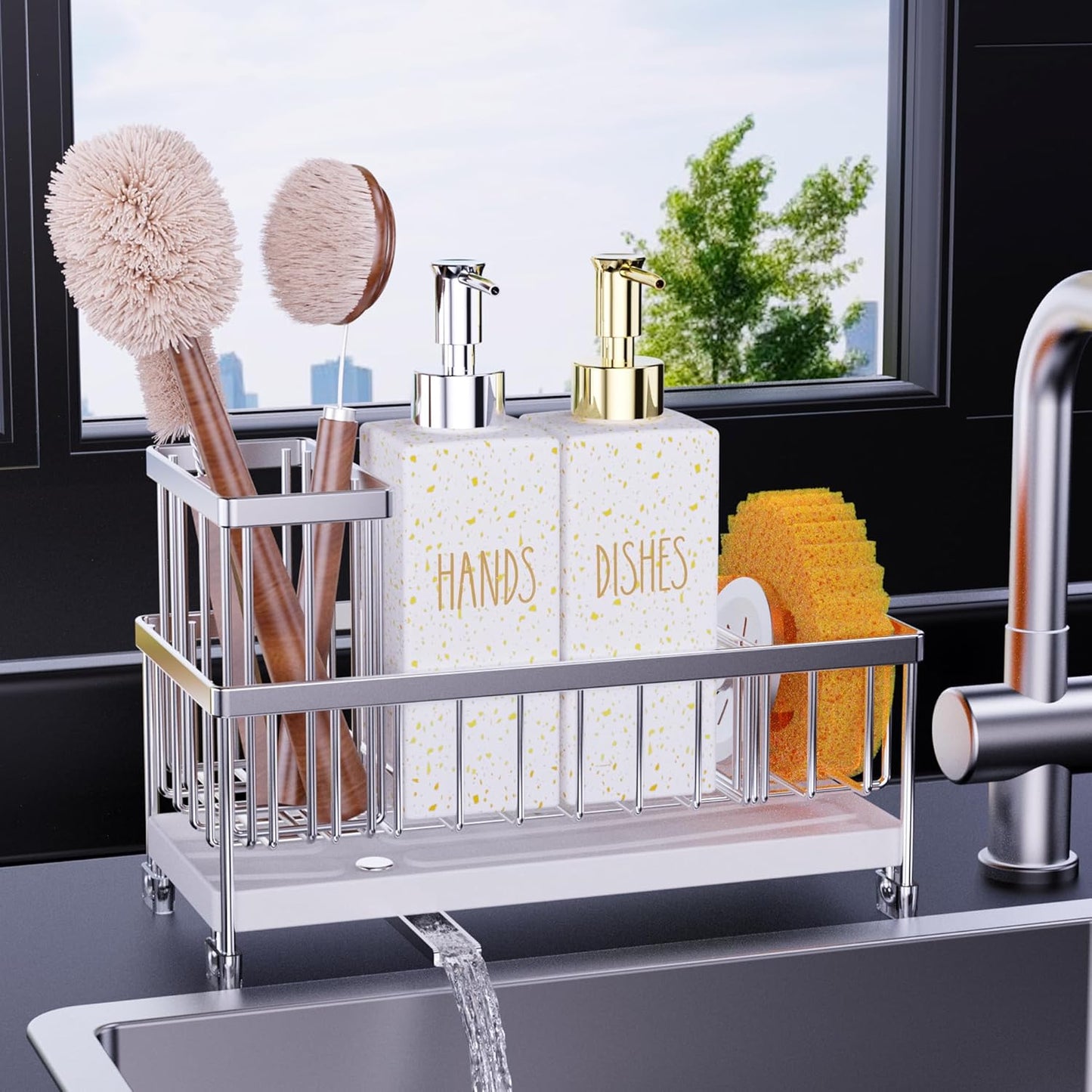 Cisily Kitchen Soap Dispenser Set with Sink Caddy, 12 Oz Glass Bottle, Hand and Dish Soap Dispenser Set with Sponge Holder, Black Stainless Steel Kitchen Countertop Sink Organizer Accessories