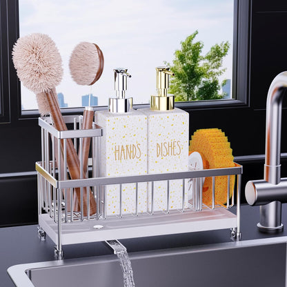Cisily Kitchen Soap Dispenser Set with Sink Caddy, 12 Oz Glass Bottle, Hand and Dish Soap Dispenser Set with Sponge Holder, Black Stainless Steel Kitchen Countertop Sink Organizer Accessories