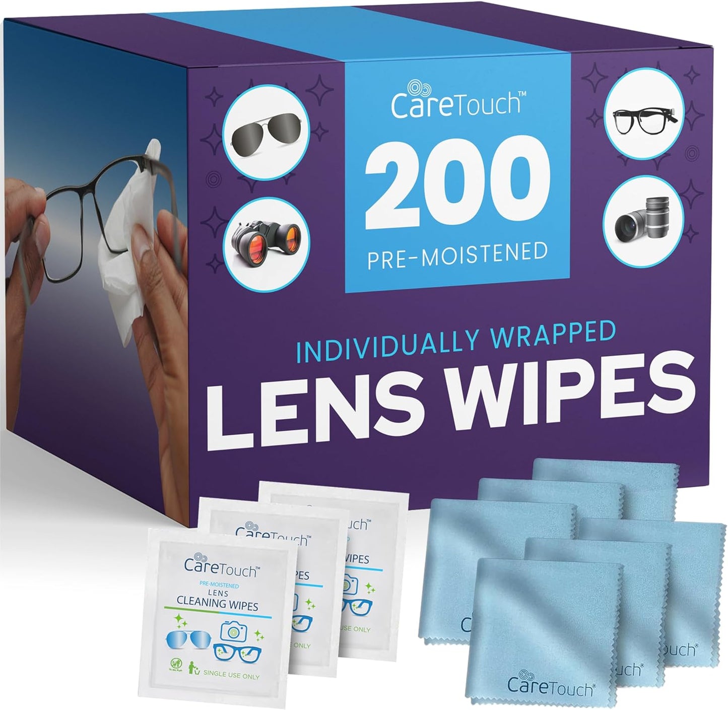 Care Touch Lens Wipes for Eyeglasses- 100 Count Individually Wrapped Pre- Moistened Wipes, 5 x 6 Inch- Camera Lens, Sunglasses and Glasses Cleaner,- Gentle and Portable for Cleaning of Optical Devices