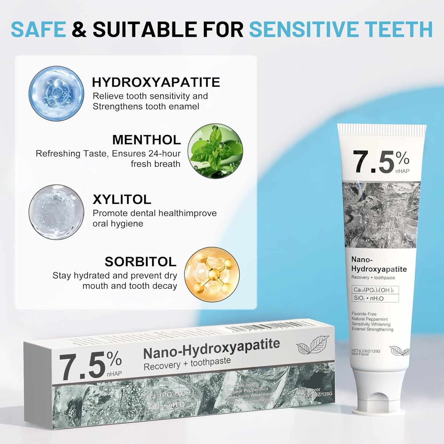 7.5% Nano Hydroxyapatite Toothpaste, SP-6 Probiotic Toothpaste, Helps Remineralize, Strengthens Enamel, Dentist-Formulated Whitening Toothpaste for Sensitive Teeth, Fluoride-Free, 4.23 oz 2Pack