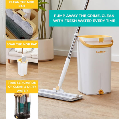 True & Tidy® TrueClean Mop & Bucket Spin Mop Pump System, Patent Pending 3 Compartments Separate Clean & Dirty Water, Hands-Free Self-Wringing Aluminum Head, Machine Washable Pads, in Gift Box
