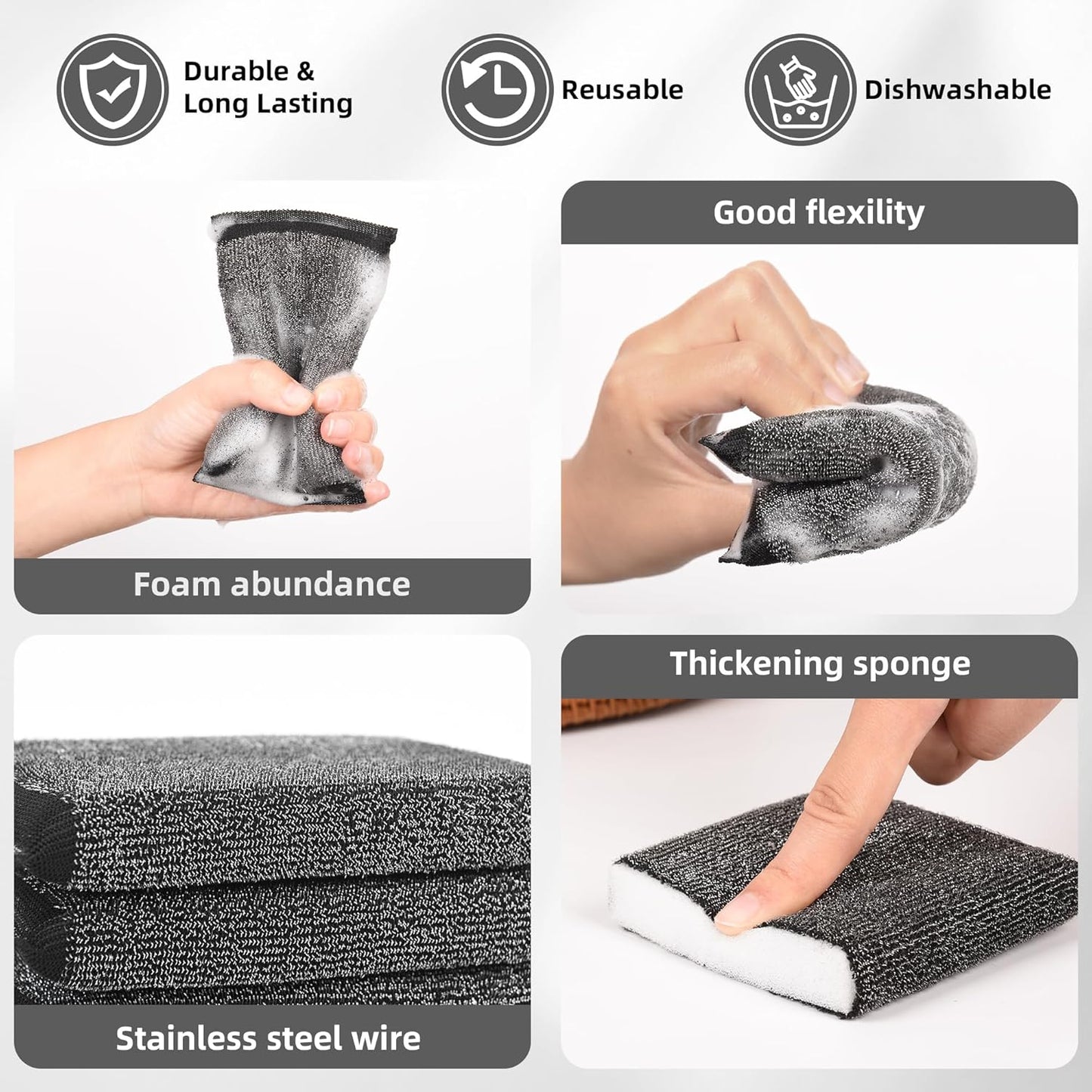 Kitchen Dish Sponges Steel Scrubbers - 6 Pack Black Non Scratch Heavy Duty Scrub Sponges，Reusable Multipurpose Metal Cleans for Washing Dishes，Pots and Pans，Household Cleaning，Bathroom