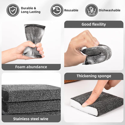 Kitchen Dish Sponges Steel Scrubbers - 6 Pack Black Non Scratch Heavy Duty Scrub Sponges，Reusable Multipurpose Metal Cleans for Washing Dishes，Pots and Pans，Household Cleaning，Bathroom
