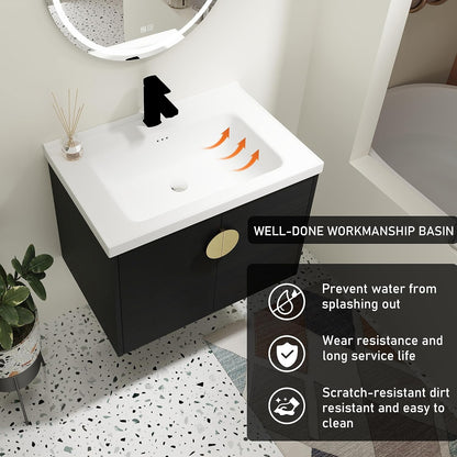 SSLine Modern 24-Inch Bathroom Vanity with Sink Wall Mounted Bathroom Vanity with Top Basin & Storage Cabinet White Wood Floating Vanity w/Ceramic Sink & Gold/Black Handles for Small Space