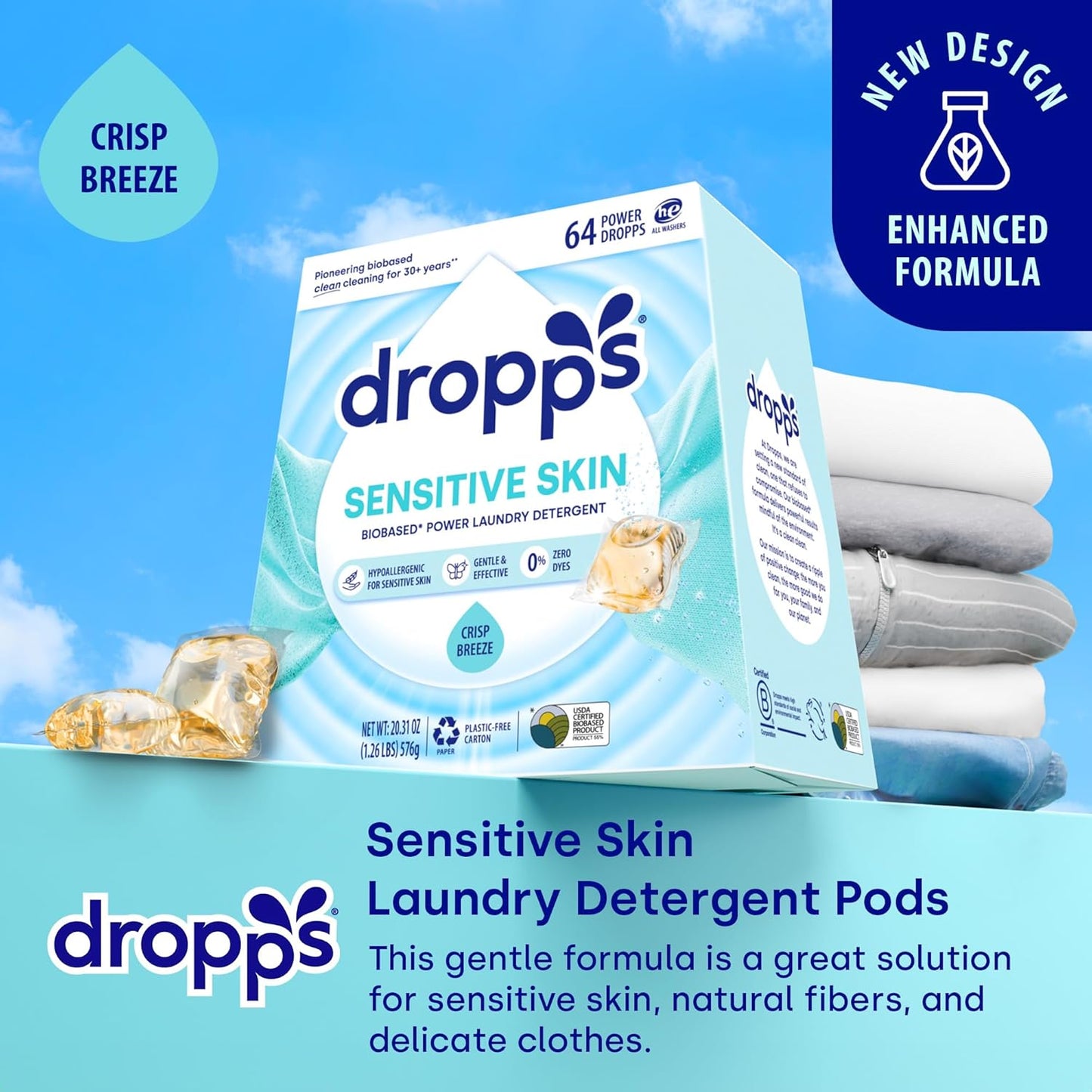 Dropps Sensitive Skin Laundry Detergent Pods, Unscented (36 Ct) - Hypoallergenic & Dermatologist Tested | Free & Clear | Laundry Pods for Sensitive Skin | Clean Ingredients | Plastic Free Packaging