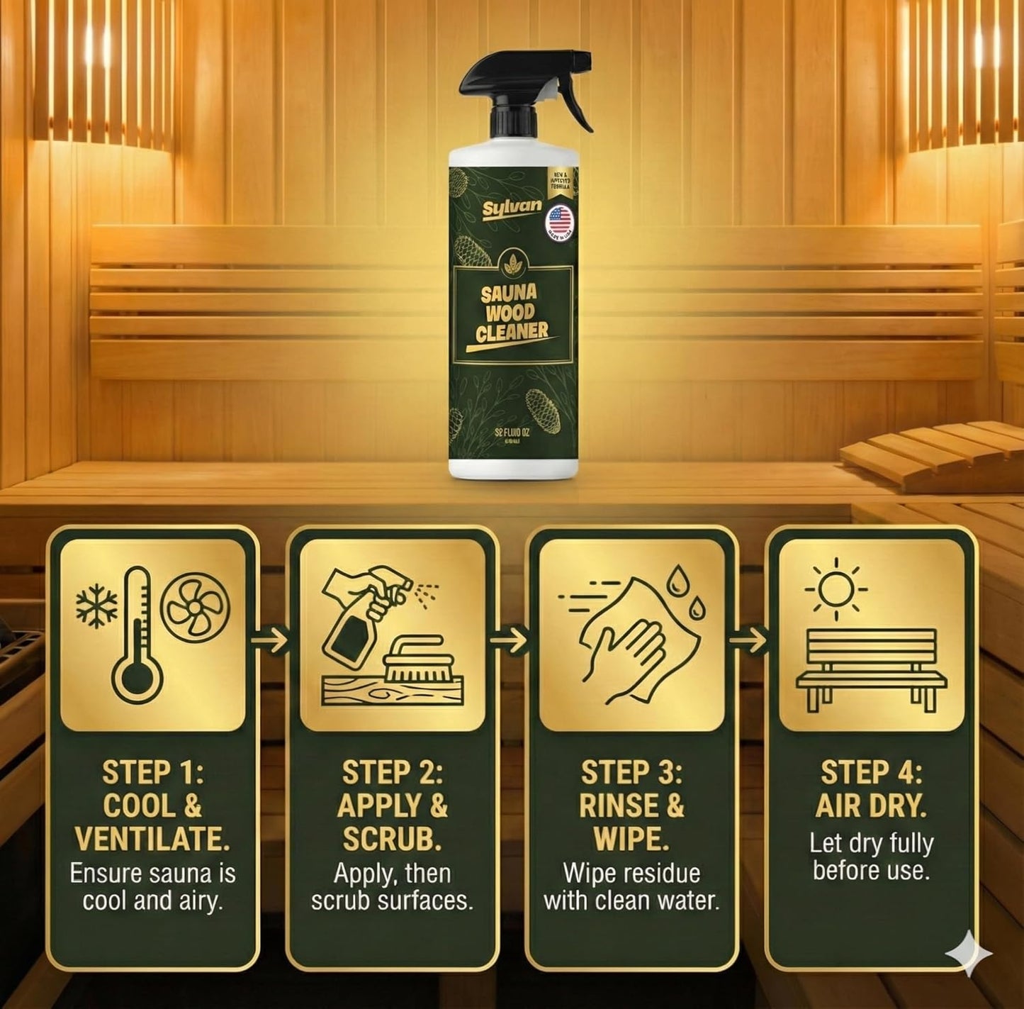 Sauna Wood Cleaner 32 oz | Made in the USA | Sauna Spray removes Stains, Sweat & Odors | Fast-Drying & Streak-Free Formula | Natural Wood Cleaner | Long Lasting